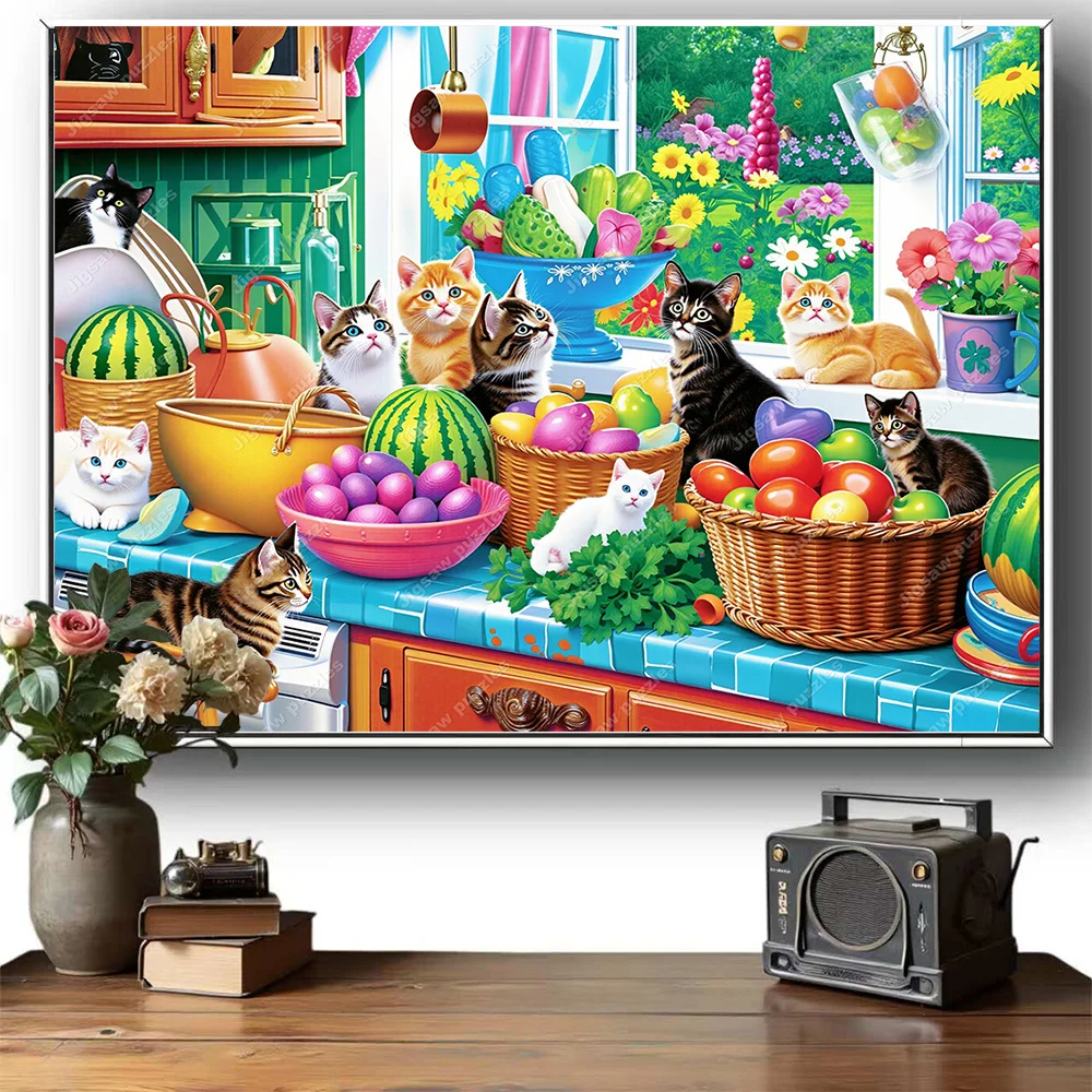 1000/2000/1314/520 قطعة أحجية الصور المقطوعة للبالغين - مشهد القطط والكبير والمطبخ مع قطط تابي/السلحفاة، قطع ألغاز للجري