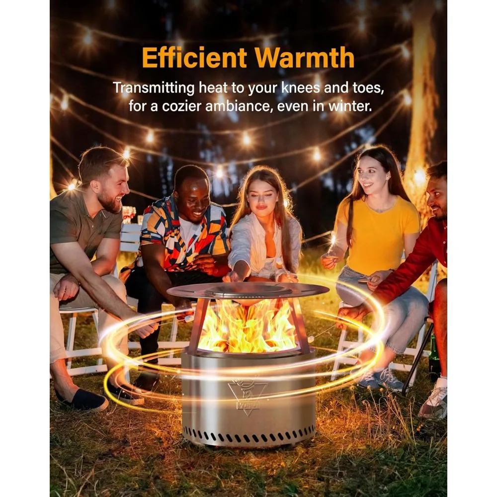 حفرة نار خارجية بدون دخاني - 304 ستانلس ستيل، 27 بوصة، مقلاة رماد قابلة للإزالة، فضي، مناسبة للاستخدام في الفناء الخلفي