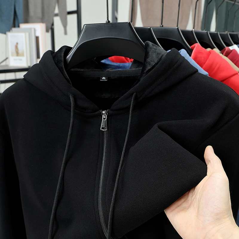 

Luxury Man Long Sleeves Hoodie Thickened Fleece-Lined Zipper Ventilate American Style Hood Tops Winter Leisure Men's Clothing