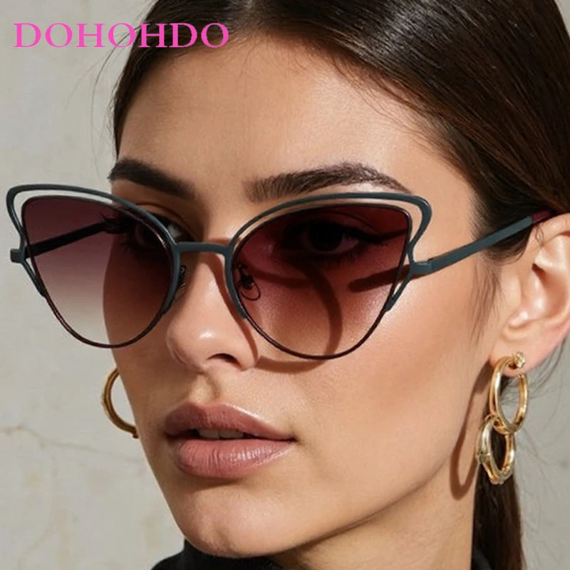 

New Luxury Designer Cat Eye Hollow Out Women Sunglasses Fashion Metal Big Frame Sunglass Men Outdoor Travel Ladies Glasses UV400