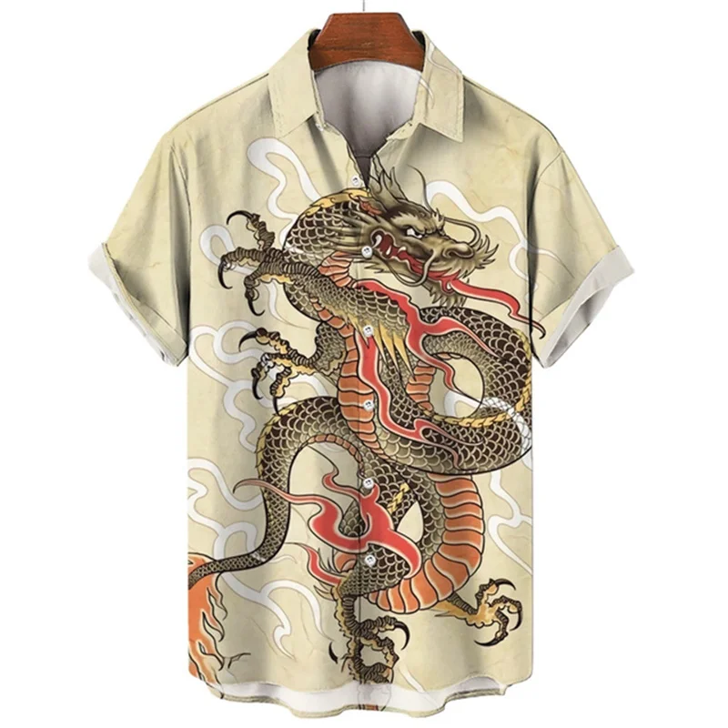 Zomer 3d Dragon En Tijger Print Heren Knappe Losse Veelzijdige Shirts Met Korte Mouwen 2023 Mode Strand Casual Herenkleding