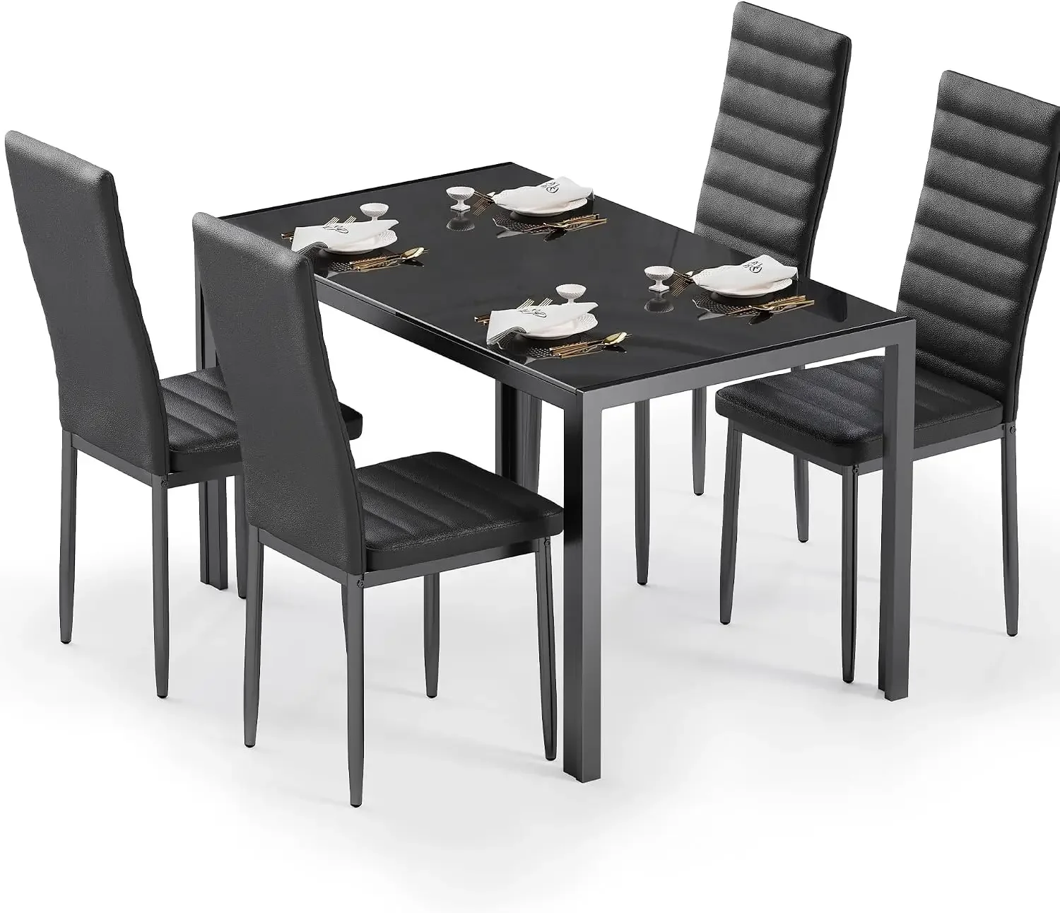 Kitchen Dining Table Set for 4, Tempered Glass 5 Piece - Black | PU Leather Modern Dining Room Furniture, Space Saving Table and