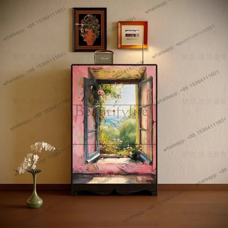 

French Flower Solid Wood Tipping Bucket Cabinet, Living Room Storage Aisle, Wall Storage Cabinet