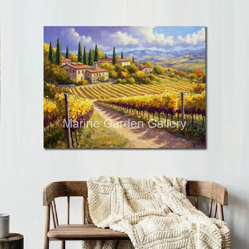 Large Wall Art Canvas Picture Hand Painted Oil Painting Vineyard Village by the Sea Landscape Artwork for Bathrom Kitchen Decor