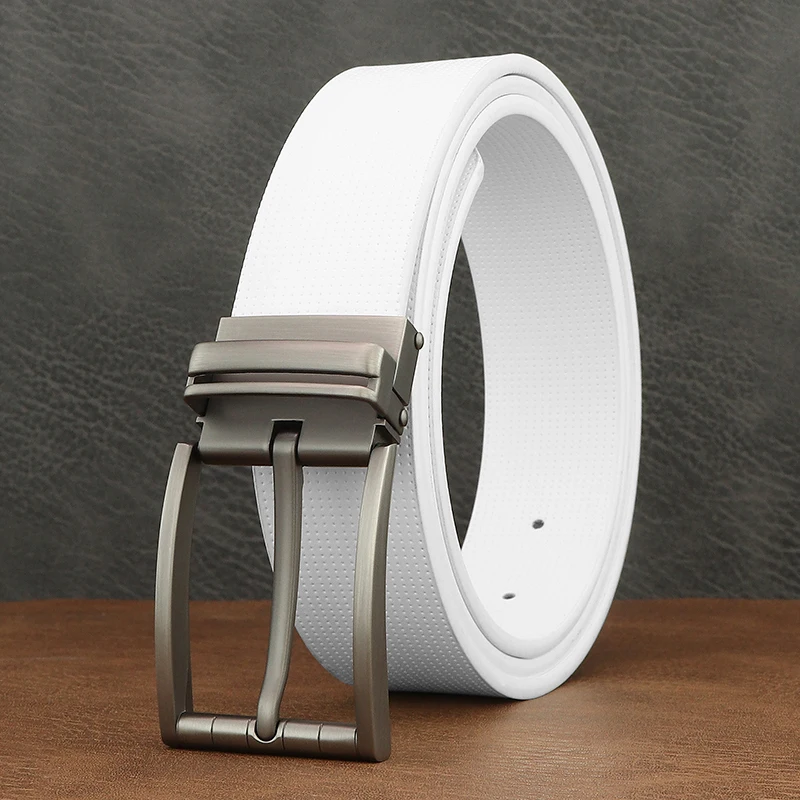 

2025 Designer 3.3cm cowskin white belts men fashion genuine leather waistband classic gray pin buckle waist strap Waistband