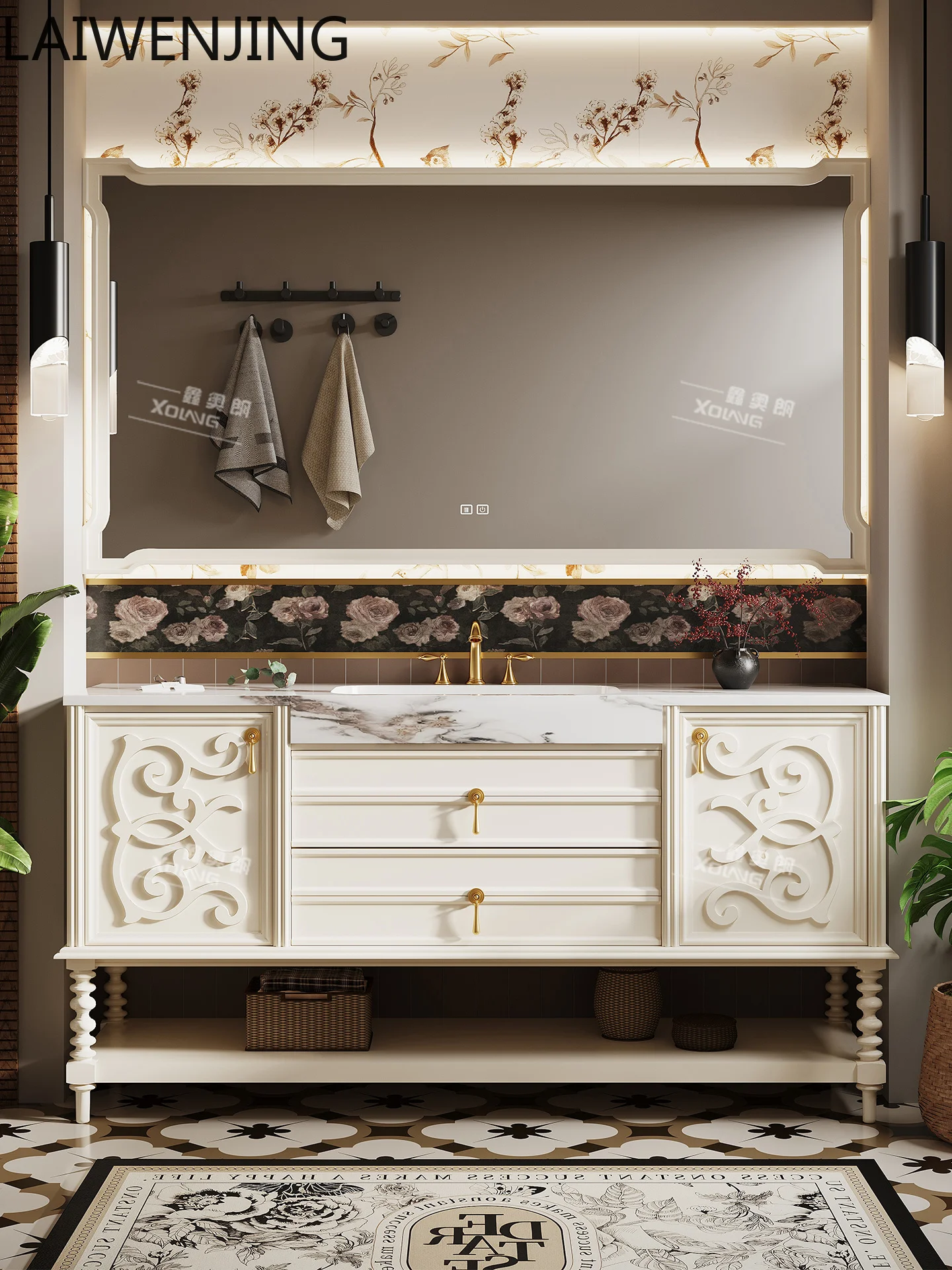 

HLZ retro bathroom cabinet combination bathroom rock slab washstand hand washbasin cabinet