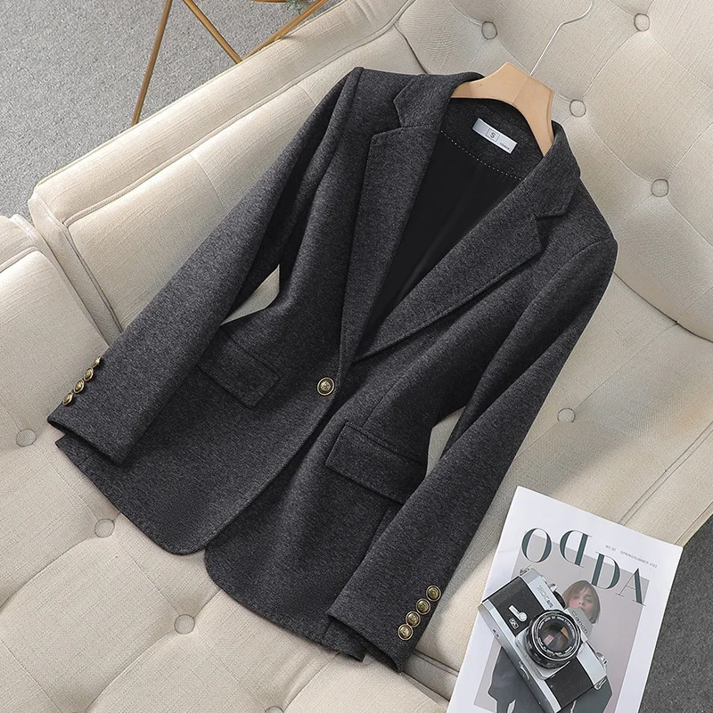 New Autumn Winter Women Wool Suit Jacket New Single Button Long Sleeved Lady Professional Work Office Blazers Female Outerwear