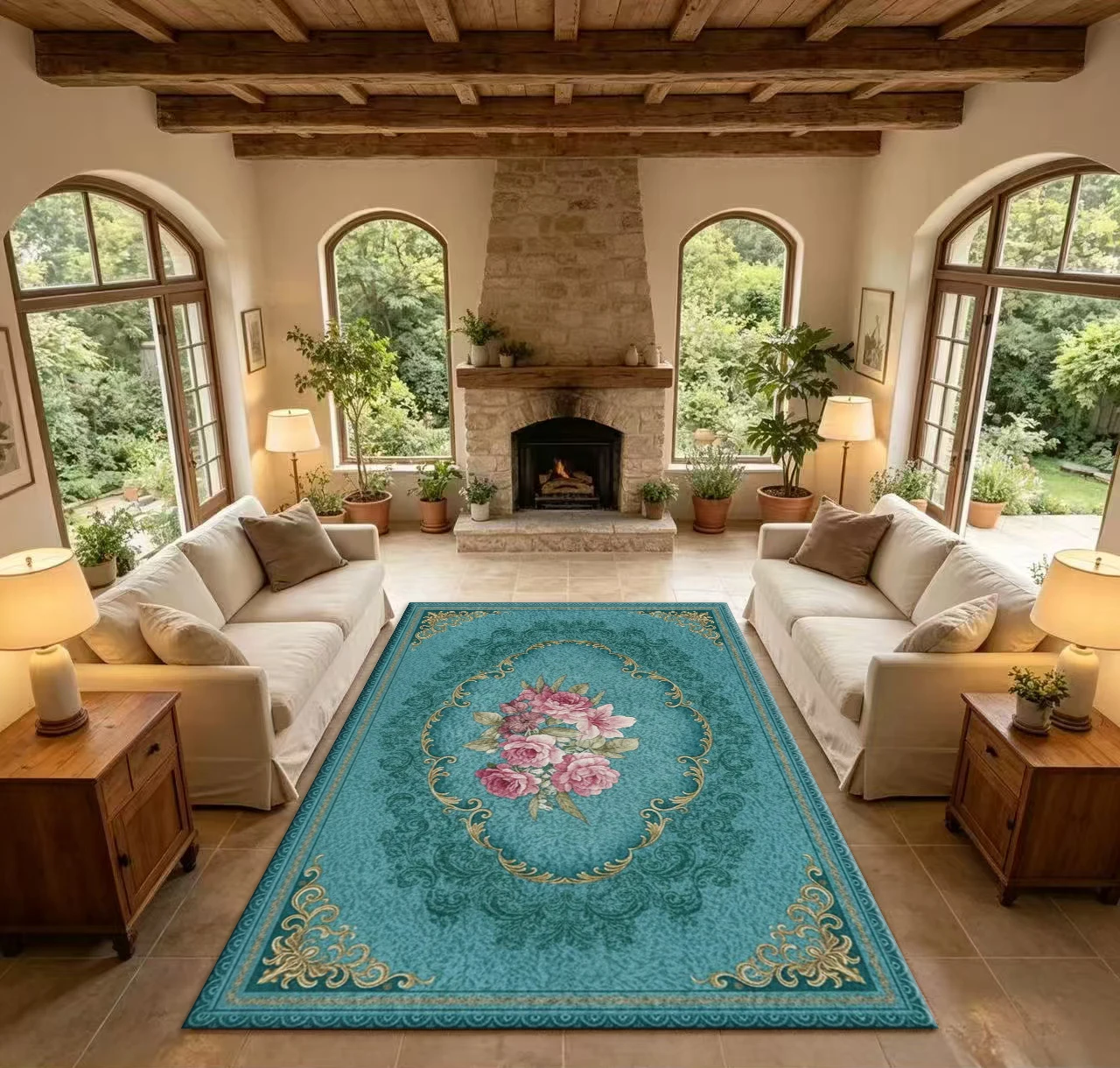 Luxury European Rose Floral Area Rug Vintage Ornate Gold Border Floor Carpet for Living Room Bedroom Home Decor