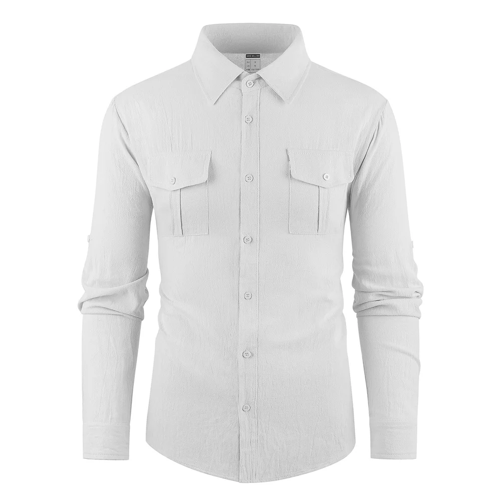 Men's Stylish Double Pocket Shirt Cotton Linen Breathable Turn-down Collar Solid Color Button Up Casual Long Sleeve Tops