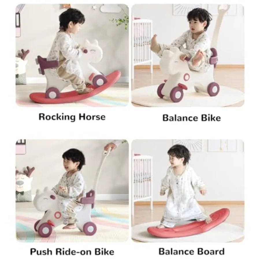4 in 1 Rocking Horse for Toddlers 1-3 Years Old, Balance Bike Ride On Toys with Push Handle, Backrest and Balance Board for Bab