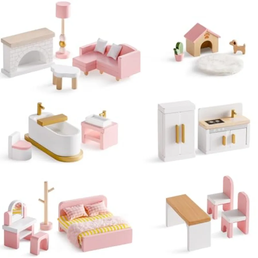 

Wooden Dollhouse Furniture Set, 28 PCS Miniature Dollhouse Furniture with 6 Room Kits, Dollhouse Accessories and Pretend Play F