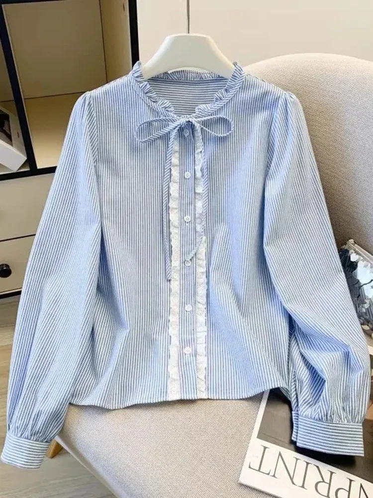 

Sweet Blue Striped Shirt Women Lace Ruffles Long Sleeve Cute Blouse Spring Casual Preppy Style Bow Lace Up Vintage Female Tops