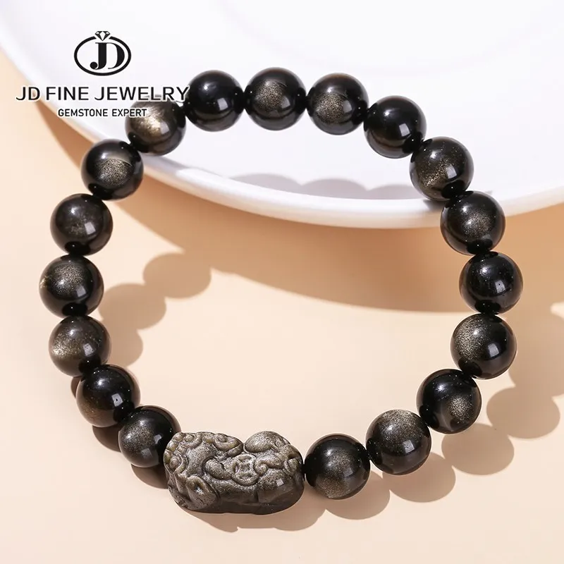 JD Top Quality  Natural Silver Color Obsidian Stone Carved Pixiu Strand Bracelet Women Men Fashion Charm Amulet Designer Bangles