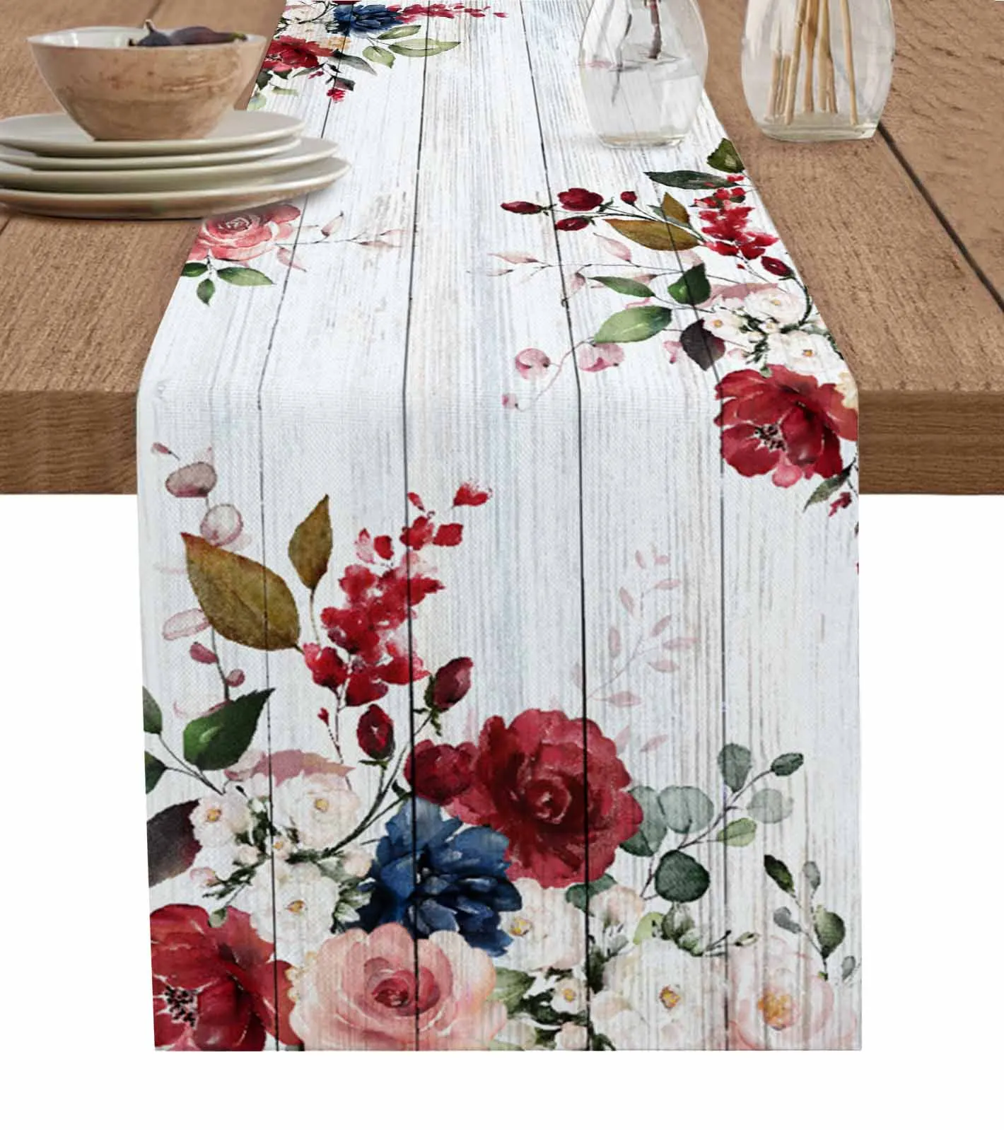 Valentine'S Day Blue Rose Pink Rose Plant Table Runner Home Wedding Table Mat Centerpieces Decoration Dining Long Tablecloth