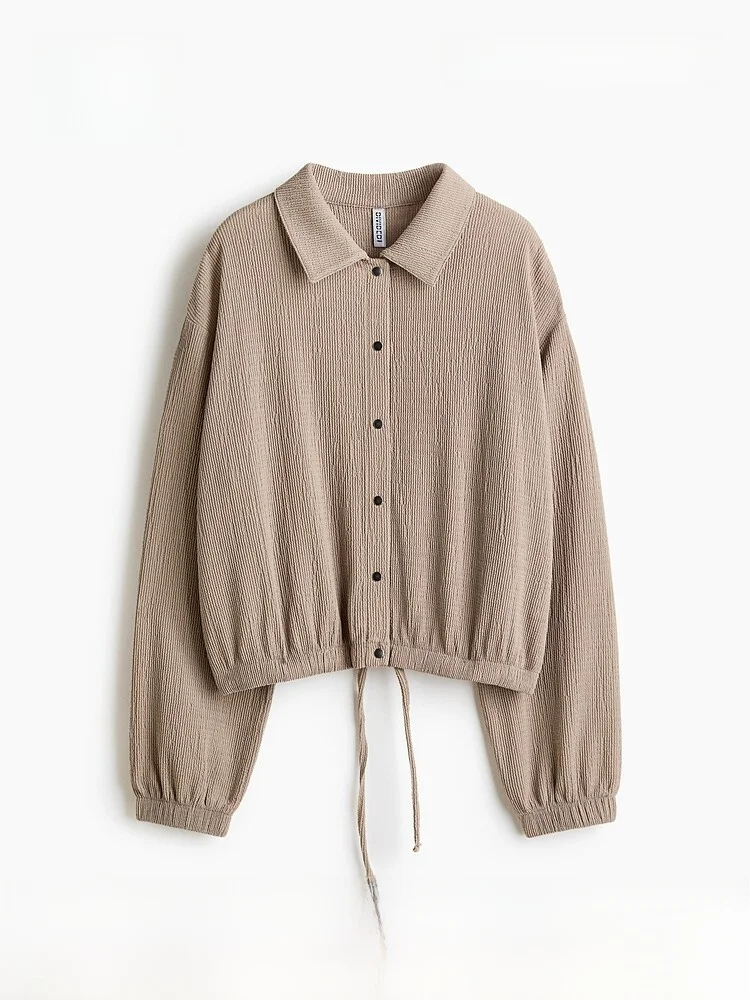H&M 2026 Spring Collection Women's Textured Sweatcloth Jacket Loose Fit Button Detail Polyester Blend Short Outerwear