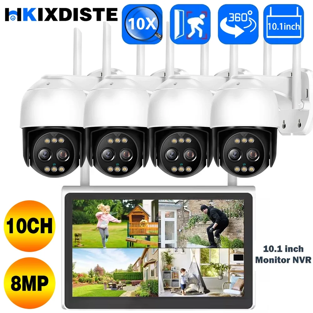 

10X PTZ Zoom 4K 8MP Wireless Security Cameras Kit Outdoor IP Camera Surveillance CCTV System Set With 10.1" Monitor 10CH NVR