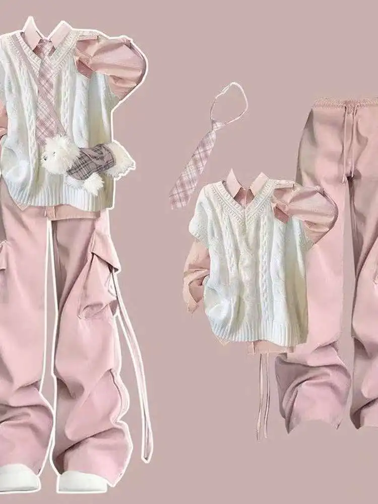 

Комплект из двух предметов: вязаный жилет с V-образным вырезом и свободные брюки для женщин, осенняя коллекция, повседневный стиль, полиэстер