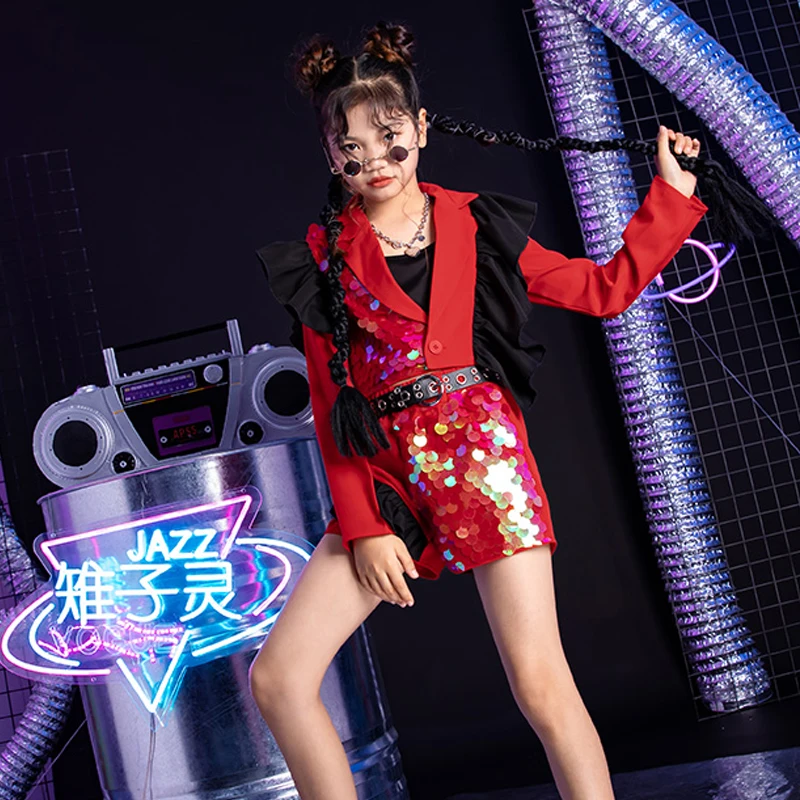 

Shiny Red Sequins Top Shorts Girls Jazz Dance Costumes Kids Hiphop Performance Kpop Outfits Stage Street Dance Wear XS7315
