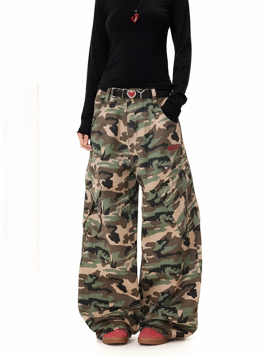 

American Retro Camouflage Pocket Work Pants Women Loose Wide Leg Street Style Slimming Casual Long Trousers