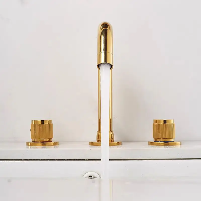 Three Hole Basin Faucet Bathroom Three Piece Set Dual Handle Split Type Hot and Cold Mixer Faucets Brass