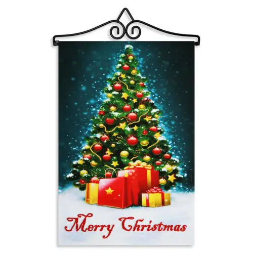 Garden Flag Merry Christmas Tree with Gifts 12x18IN & Hanger 14IN Printed Poly