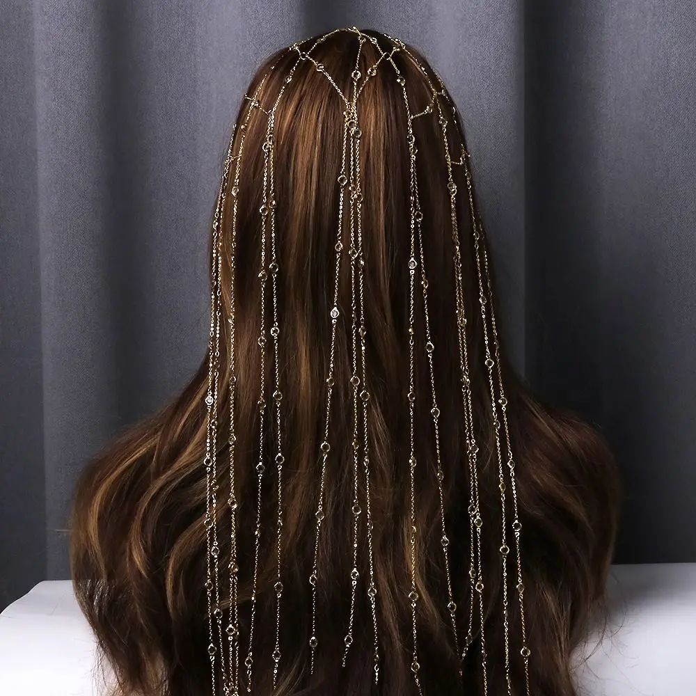 メッシュデザインヘッドチェーンジュエリー、ロングタッセル、ラウンドラインストーンフリンジヘアバンド、キラキラデザインメタルタッセル、額飾り