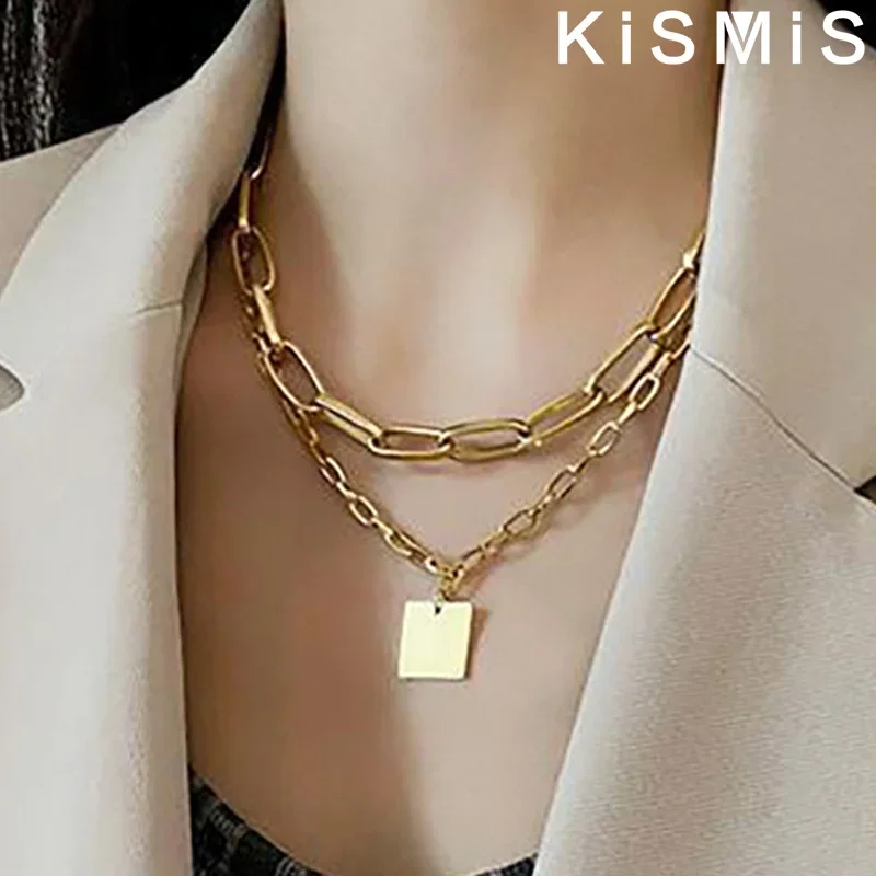 Kismis 1PC Double Layer Personality Hip-hop Necklace Retro Square Chain Short Clavicle Necklace Square Brand Double-layer Chain