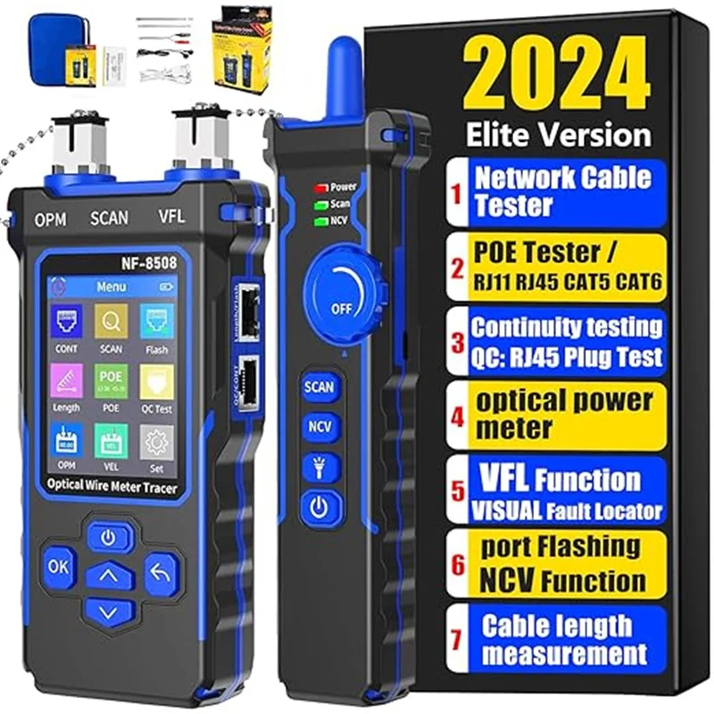 NF-8508 Network Cable Tester Optical Wire Meter Tracer Digital Rechargeable Length Measurement LCD VFL RJ11/45 PoE CAT5/6