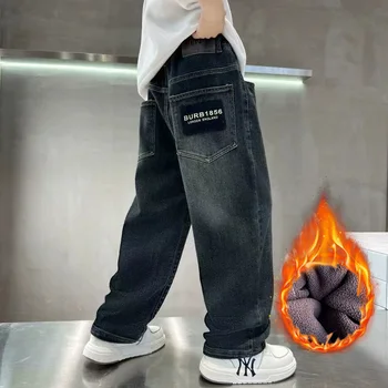 Boys Plush Warm Jeans 3 Spring Autumn Winter 4-14 Years Boys Plush Warm Jeans Fashion Letter Loose Straight Denim Pants Kids Casual Streetwear Trousers 3