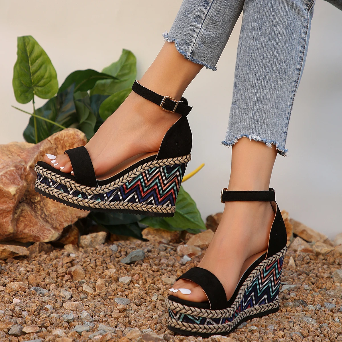 صندل نسائي مفتوح من الأمام ، أسافين نعل أحادي اللون ، كعب عالي ، حذاء غير رسمي ، نسيج صيفي ، موضة جديدة ، مقاس 42 ، #1