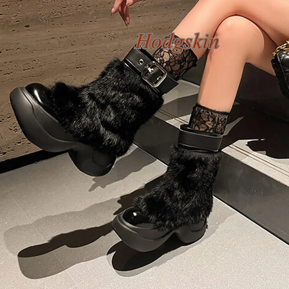 Patchwork Belt Buckle Women Boots Wedges Heel Mid Calf Round Toe Slip On Boots Fashion Casual 2025 New Arrivals Winter Boots