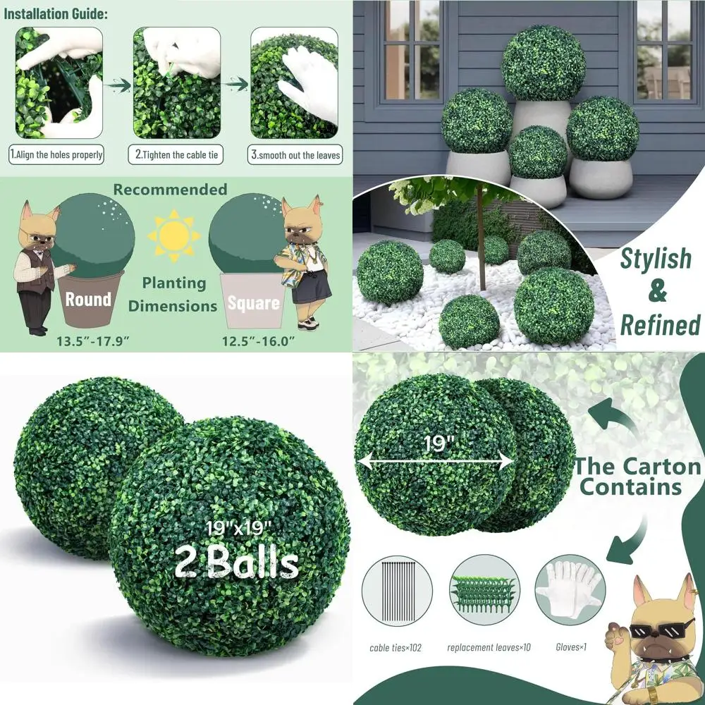 

19 Inch Double Artificial Boxwood Topiary Balls, UV-Protected, 4-Layer Greenery for Indoor & Outdoor Use