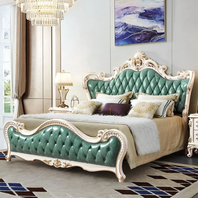 Luxury European Style Green Headmaster King Size Bed Frame Hand Carved Classic Master Bedroom Furniture Set