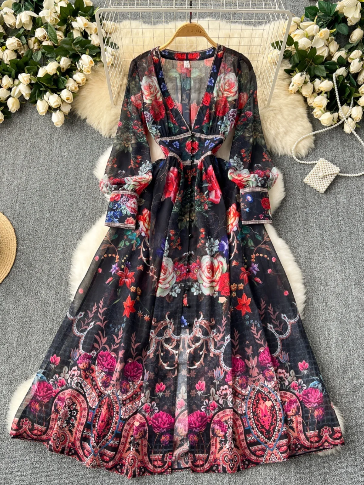 Palace Style Holiday Summer Autumn Long Sleeve Floral Maxi Dress Women Deep V Neck Sexy Print Flower Chiffon Vestidos Party