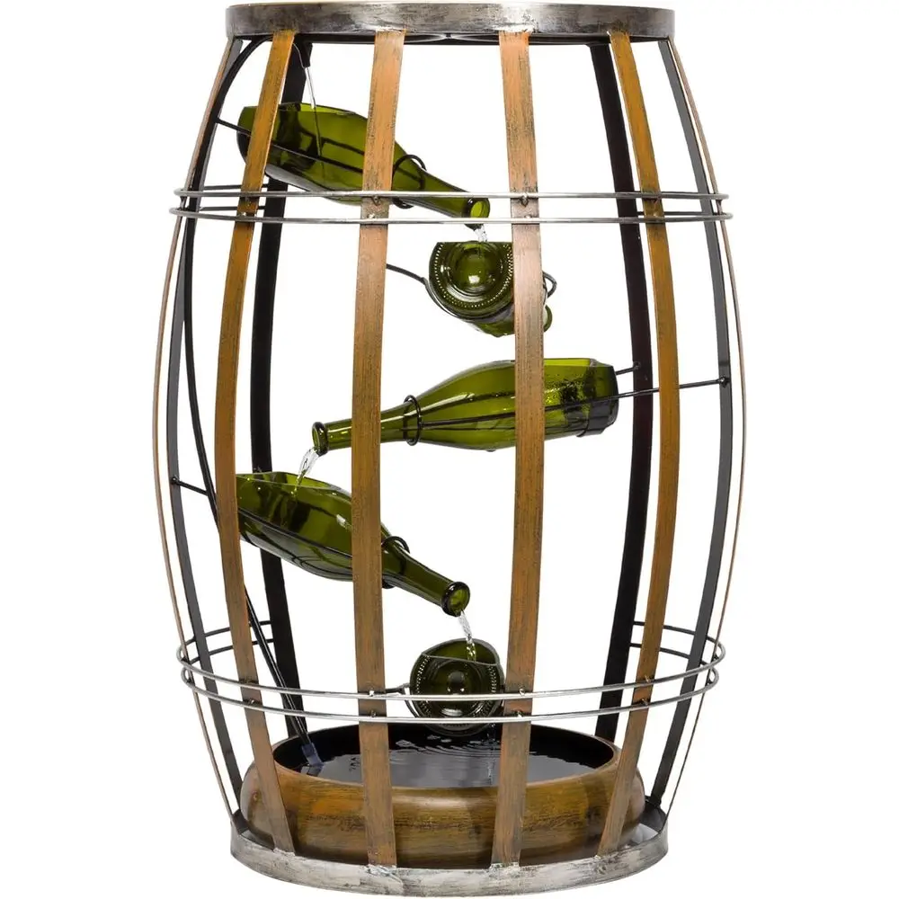 

IPS246 31" Rustic Wine Barrel Metal Tiered ountain with LED Lights, Indoor Cascading Water eature or Home, Wine Bar & Living Roo