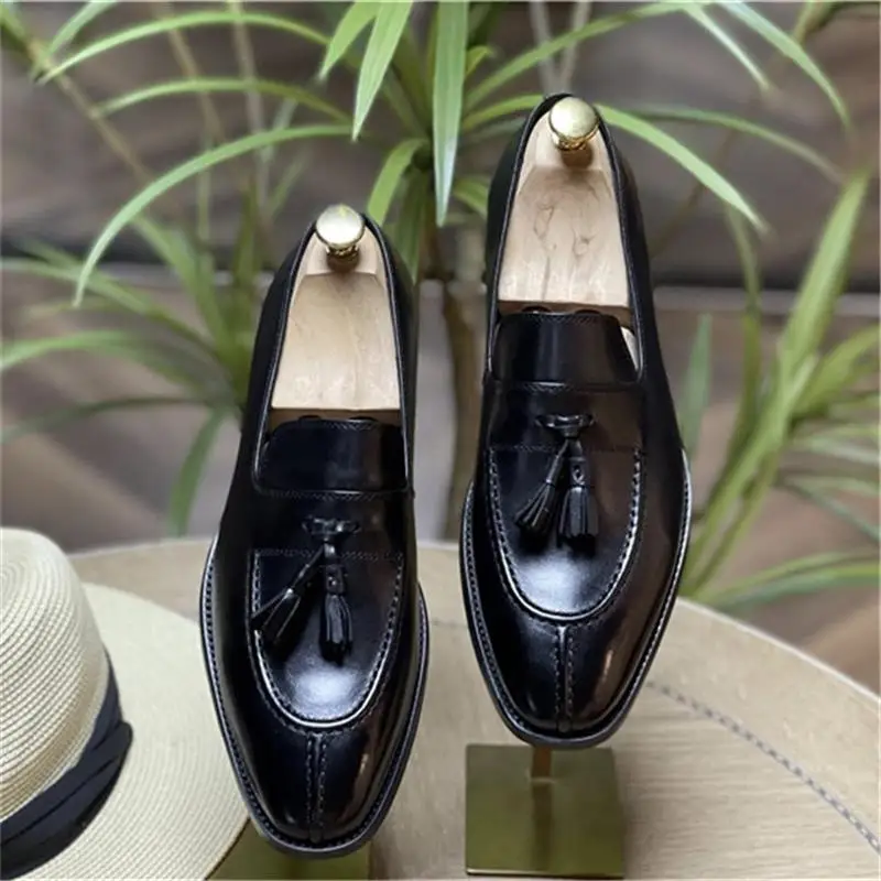 Men Classic Loafers Handmade Leather Square Toe Low-heeled Tassel Fashion Business Casual Wedding Party Daily Men Shoes