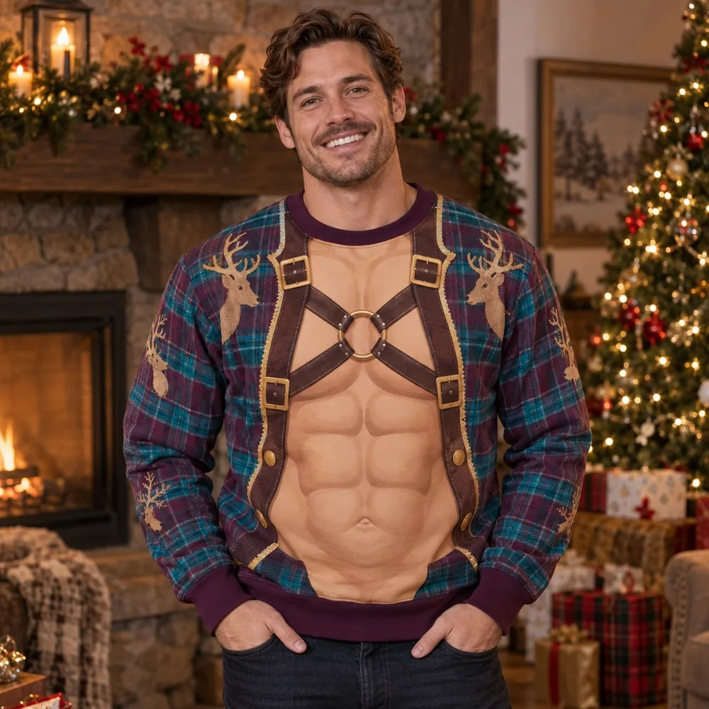 Reindeer Costume Ugly Christmas Sweater for Men Women Festive Holiday Party Crewneck Pullover Long Sleeve Funny Sweaters