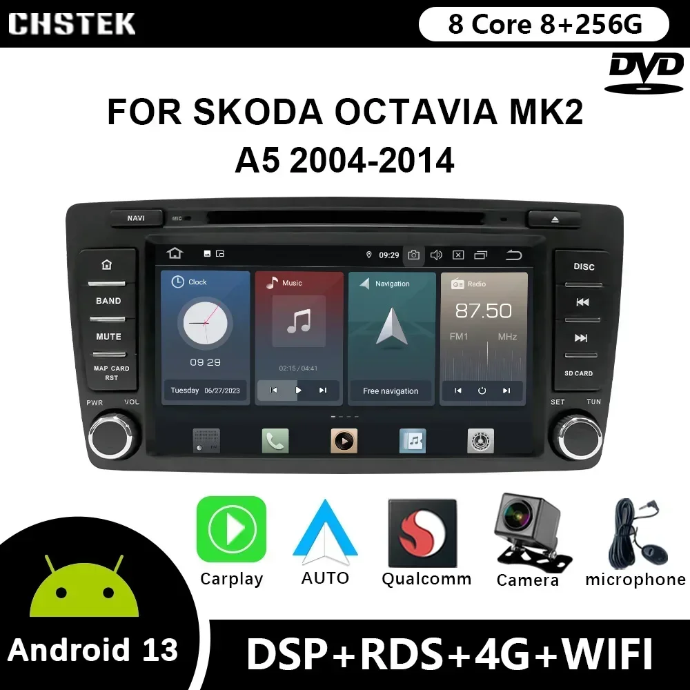 

Автомагнитола CHSTEK, 2 Din, Android 12, для Skoda Octavia Mk2 A5 2004-2014, Qualcomm, DVD, GPS, CarPlay, Wi-Fi, 4G, Bluetooth, DSP