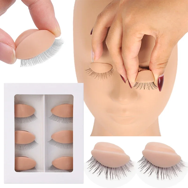 3Pairs/Set Replacement Fake Eyelash Extension Practice Model Eyes Silicone Realistic Skin and Hair Removable Eyelids Makeup Tool