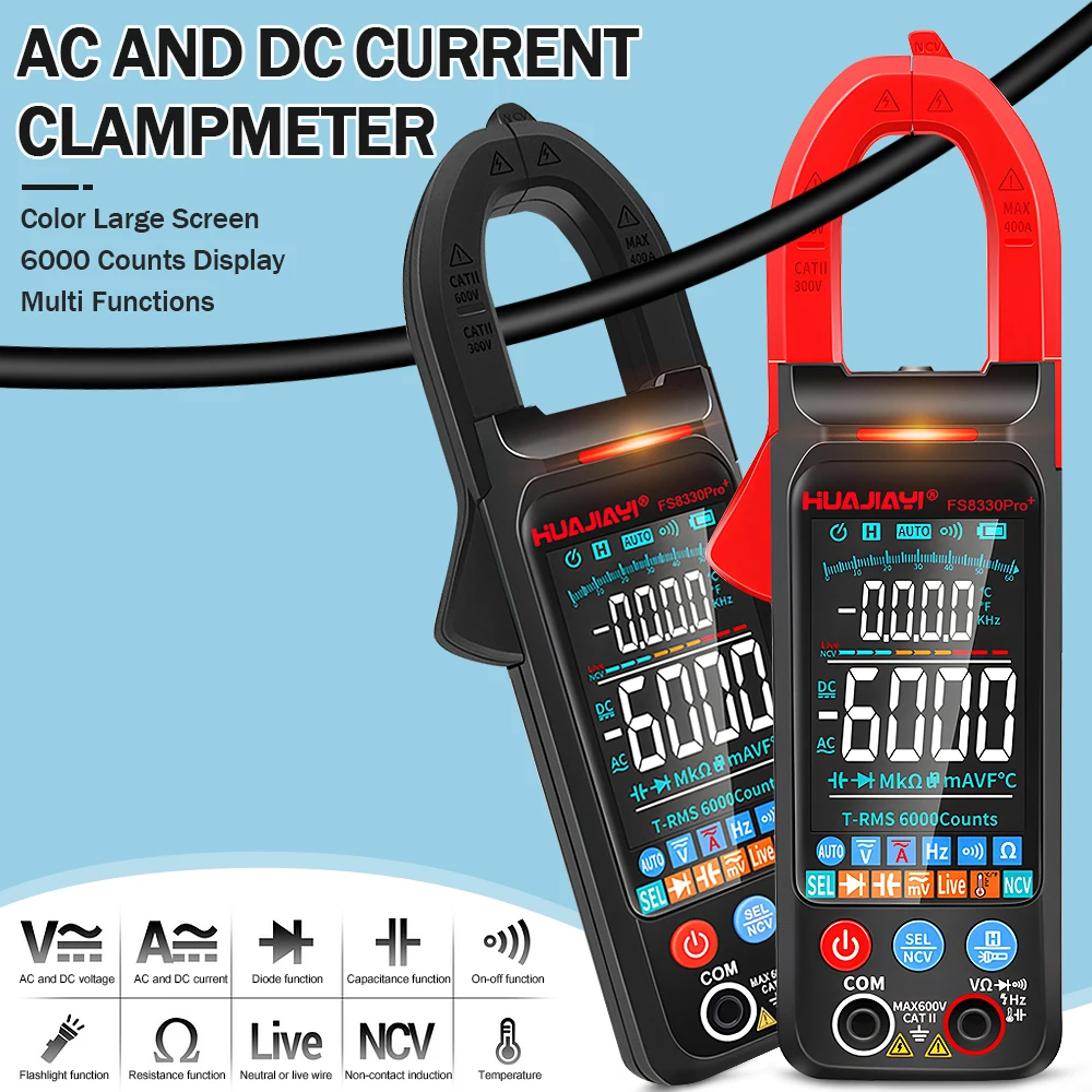 HUAJIAYI Color Large Screen Clamp Meter AC DC Current Clamp Multimeter Digital 400A Multimetro 6000 Counts alicate amperimetro