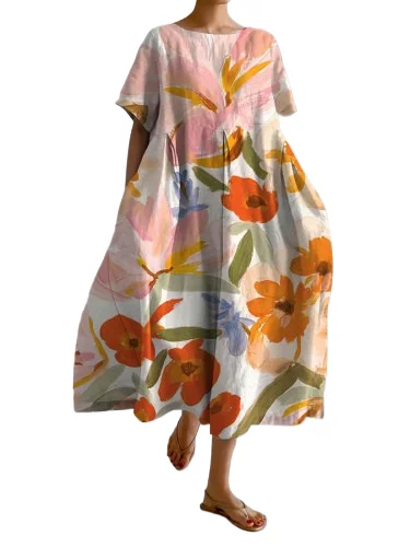 

Summer Boho Floral Maxi Dresses For Women 2024 Oversized Baggy Flowy Dresses O Neck Short Sleeve Dress Casual Loose Long Dress