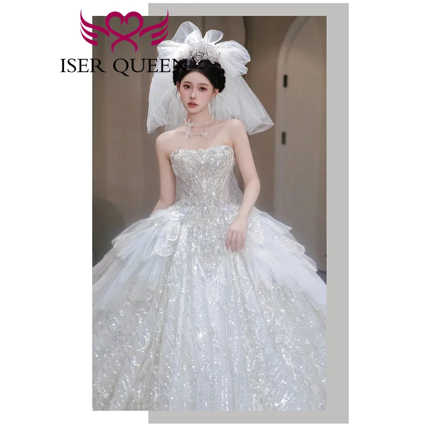 Customized Halter Feather Sleeves 2025 New Fashion Princess Wedding Dress For Ladies Shiny Fabric Luxury Bride Dresses WX0470