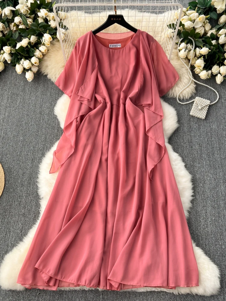 Summer Chiffon Casual Dress Women French Hollow Round Neck Midi Dresses Ladies Slim Short Sleeve Slim A-line Robe Vestidos