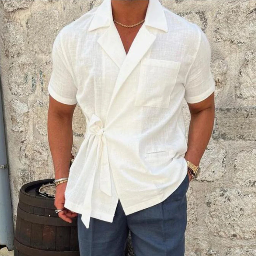 Summer Mens Casual Collared Dress Shirt Short Sleeve Blouse Lace-up Shirts Suit Tops Regular Party Shirts Men Clothing