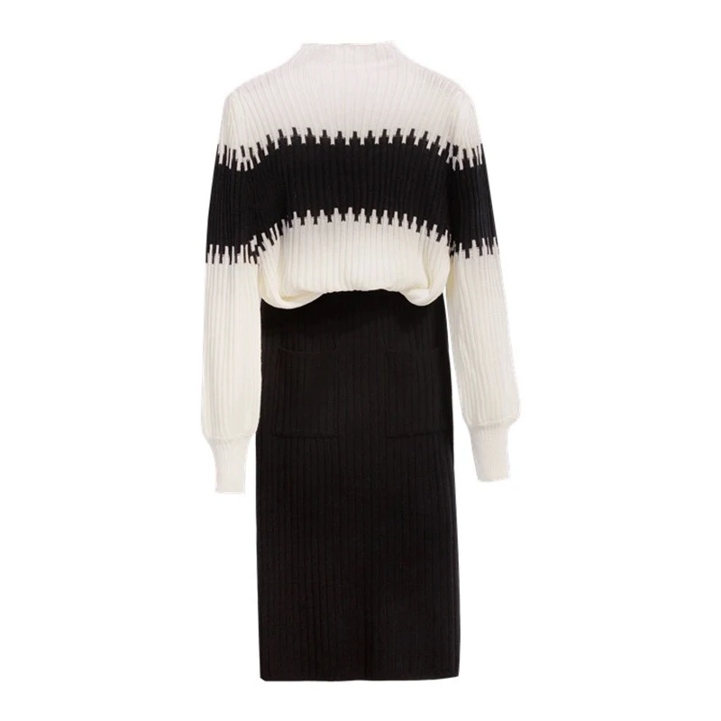 

Комплект: вязаный свитер с цветными блоками и полосками и юбка. Элегантный образ богини. Женский наряд с рукавами-фонариками.