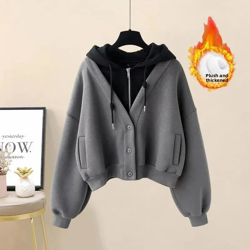 

Pop Plus Size Loose Fit Hoodie Autumn Winter New Style For Plus Size Women Composite Fleece Lined Versatile Hooded Sweatshirt