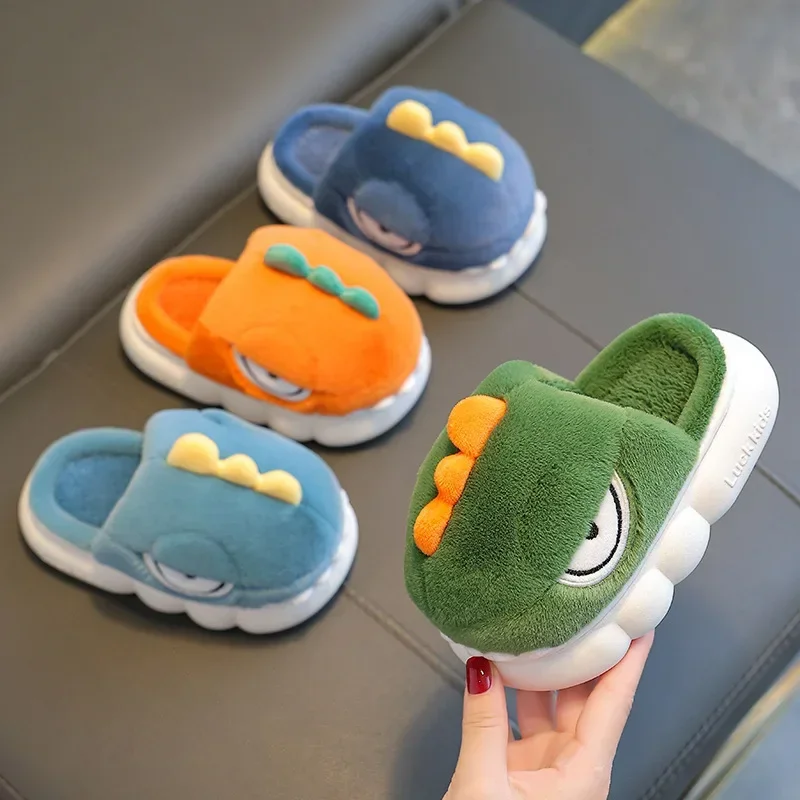 Cute Cartoon Dinosaur Children Plush Slippers Kids Lovely Non Slip Indoor Round Toe Fashion Soft Thick Sole Shoes Sewing Thread