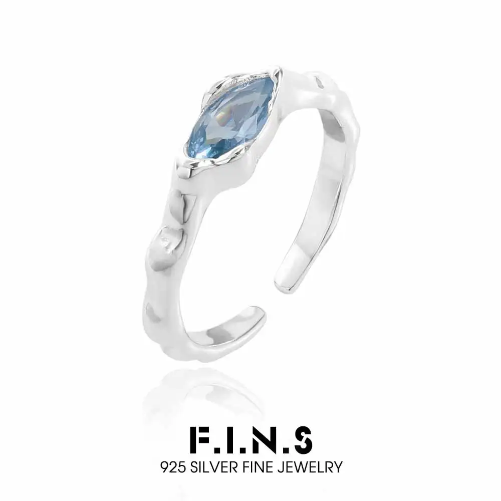 F.I.N.S Original Blue Zircon S925 Sterling Silver Open Ring Luxury Pleated Irregular Adjustable Index Mid Finger Fine Jewelry