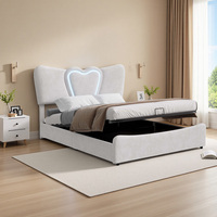 Lazyspace Hydraulic Storage Bed,Love Shape Headboard with LED and USB,Upholstered Bed 140x200cm,for Girl,Velvet,Without Mattress