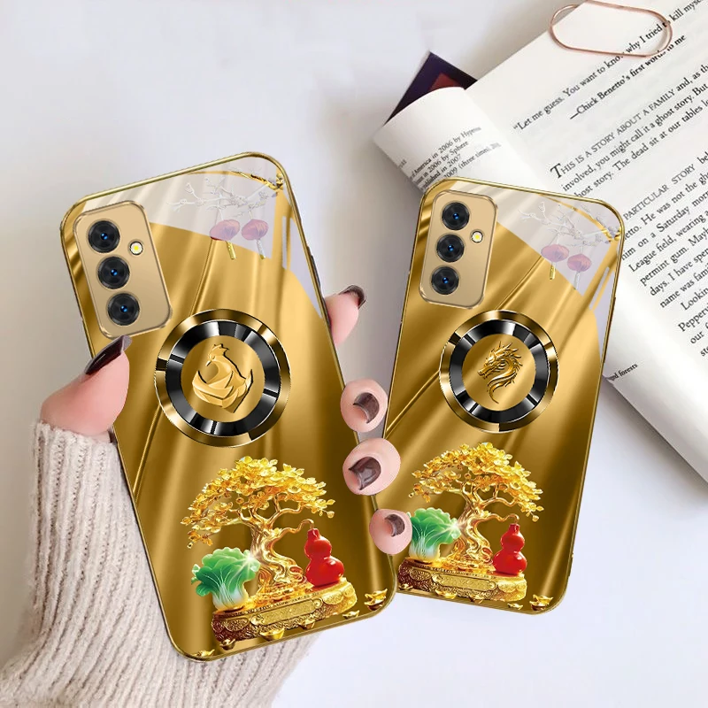 Horse Head Treasure Tree For Samsung Galaxy S 21 S22 S23 Plus S24 Ultra S20 FE 25Ultra S21+ S9+ 22Plus Golden glass phone case